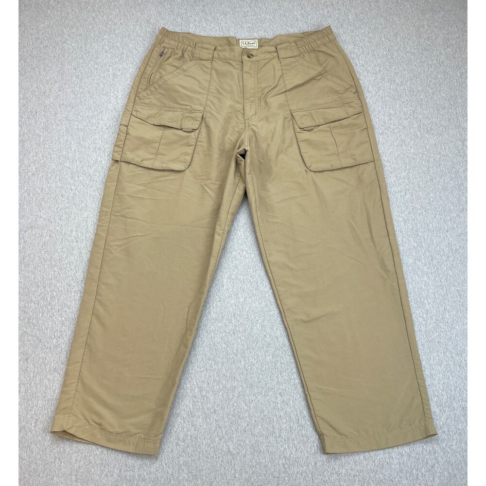 LL Bean Pants Mens Large Beige 100% Nylon Utility Pockets Cargo Straight Leg